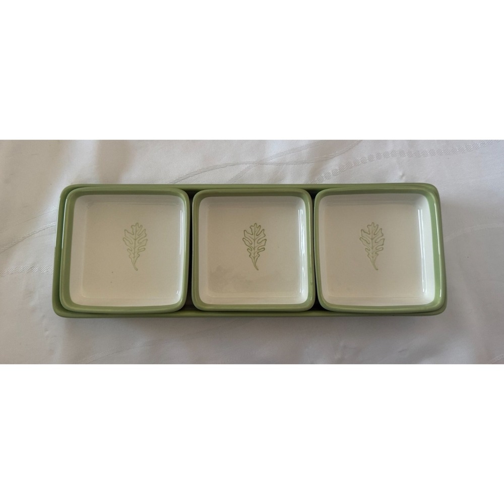 Hallmark Signature Green Rim Ceramic Serving Tray with 3 Small Dishes Leaf Set